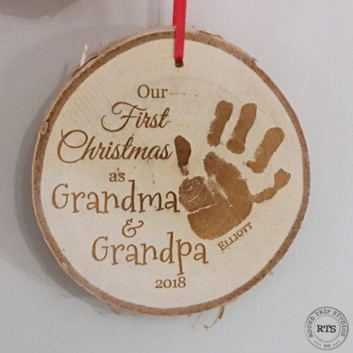 Made in Canada grandparents gifts they'll love! Your child's handprint engraved on a rustic birch ornament.