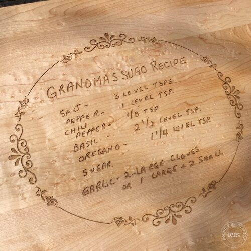 Laser engraved rectangular cutting board with recipe and border