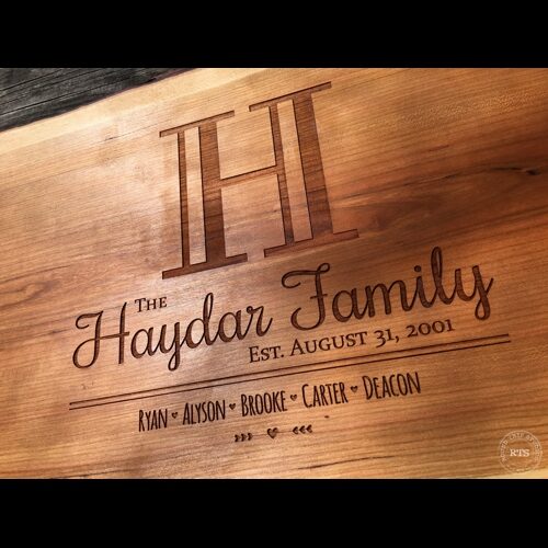 Laser Engraved Cherry Live Edge Charcuterie Board Initial Design