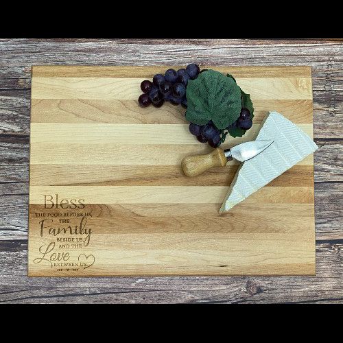 Rectangular cutting board with engraving in the corner.