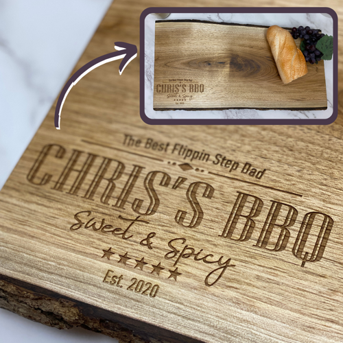 Wood serving board with custom engraving makes a unique gift for Father's day.