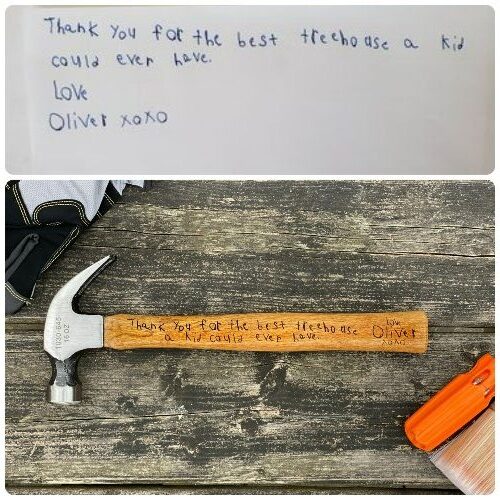 Split picture of original handwriting and how it is engraved on a hammer.
