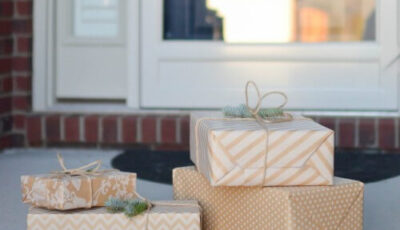 Wrapped gifts on doorstep