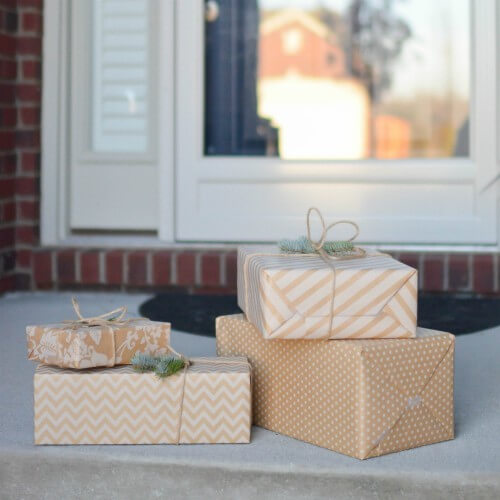 Wrapped gifts on doorstep