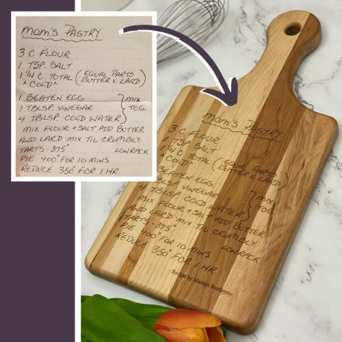 Photo showing a handwritten recipe and how it is engraved on a cutting board.