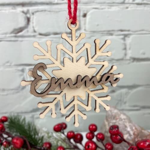 Christmas ornaments made in Canada using birch and walnut plywood.